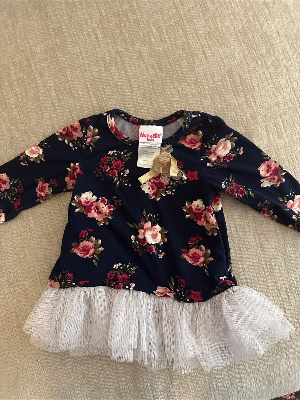 Nannette Navy Floral Long Sleeve Top with White Tulle Hem Accent
